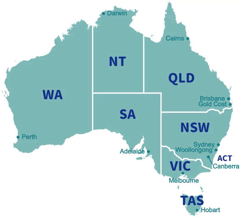 オーストラリア地図：各都市の位置