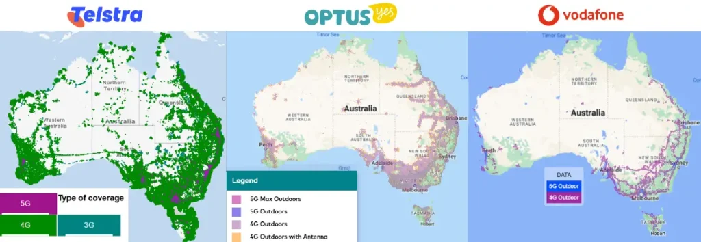 オーストラリアの電話会社3社Telstra, Optus, Vodafoneのサービス提供エリア(カバー率)比較