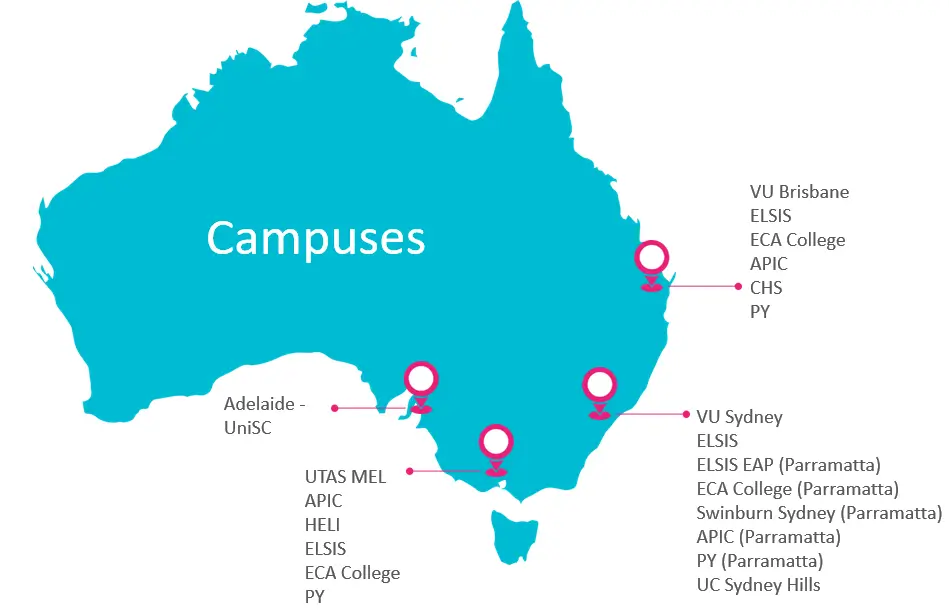 オーストラリアの各都市にあるECAグループのキャンパス