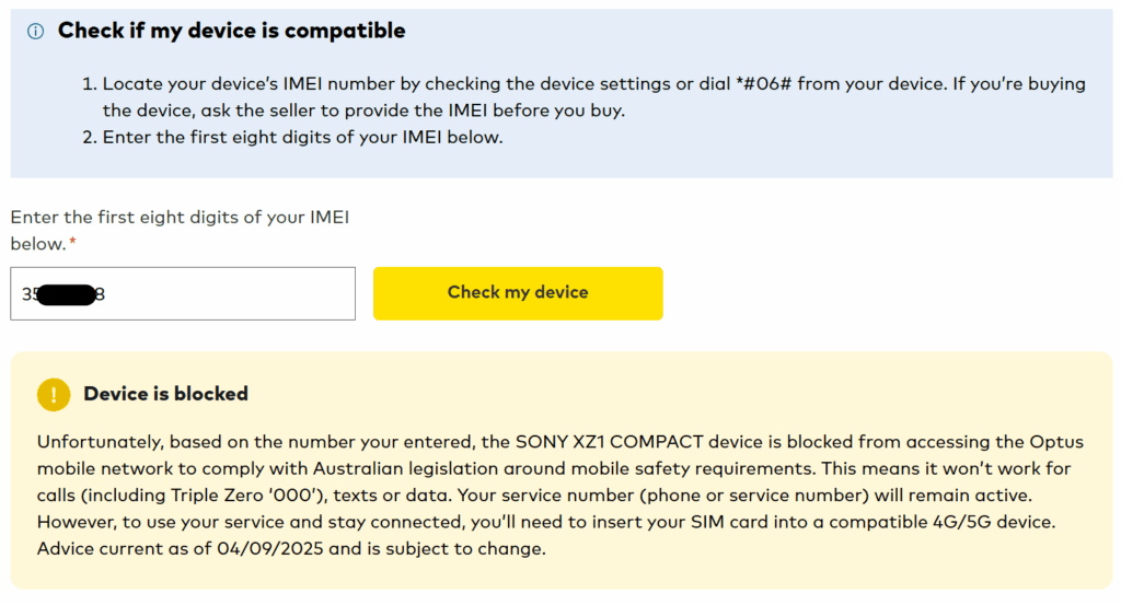 Optus スマホ利用可能チェック